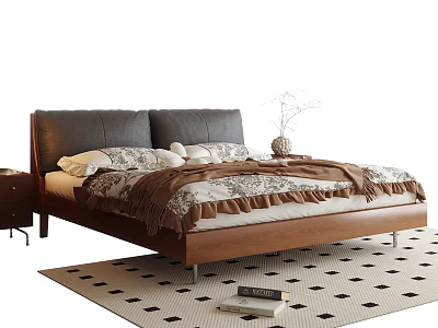 Modern Double Bed With Grey Headboard Wooden Frame Patterned Bedding And Checkered Rug 3d model