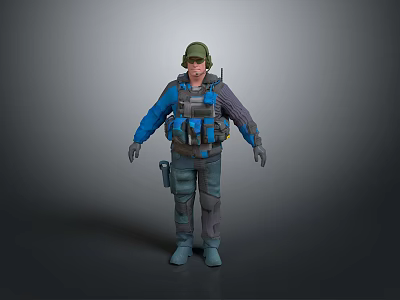 3D Military Character With Green Helmet Blue Jacket Gray Pants And Tactical Gear 3d model