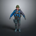 3D Military Character With Green Helmet Blue Jacket Gray Pants And Tactical Gear
