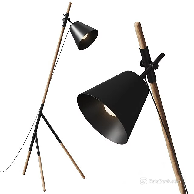 Modern Floor Lamp With Black Shade Wooden Stand And Contemporary Sleek Design 3d model 