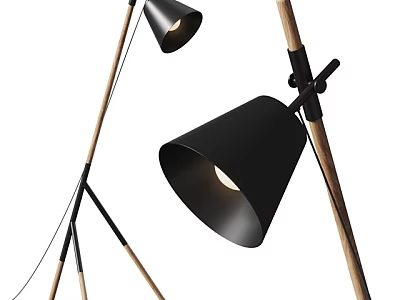 Modern Floor Lamp With Black Shade Wooden Stand And Contemporary Sleek Design 3d model