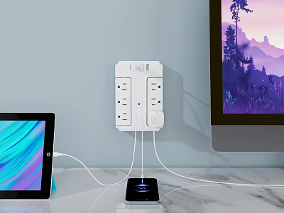 Modern Office Setup With White Power Strip Connecting Tablet Smartphone And Monitor On Marble Desk 3d model