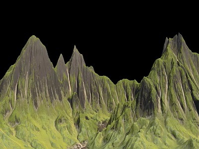 Scenic Mountain Landscape With Sharp Peaks And Lush Green Vegetation Against Dark Backdrop 3d model
