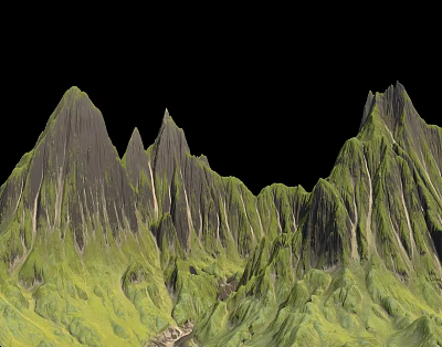 Scenic Mountain Landscape With Sharp Peaks And Lush Green Vegetation Against Dark Backdrop 3d model