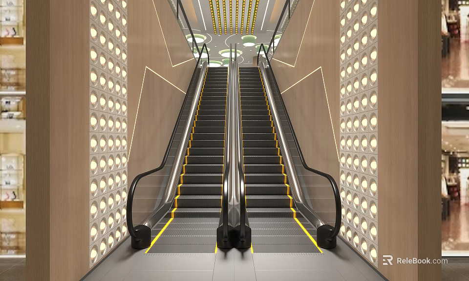 Modern Shopping Mall Lobby Featuring Escalators And Illuminated Side Walls 3d model 