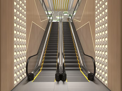 Modern Shopping Mall Lobby Featuring Escalators And Illuminated Side Walls 3d model