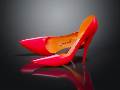 Red Pointed Toe High Heels With Stiletto Heel Orange Sole On Shiny Reflective Surface 3d model
