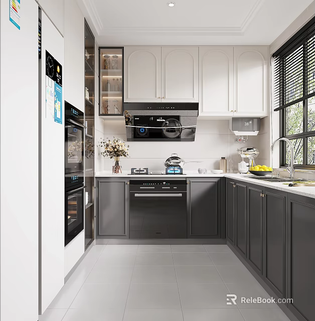 Modern Open Kitchen Interior Design With Island Counter Cabinets And Appliances 3d model 