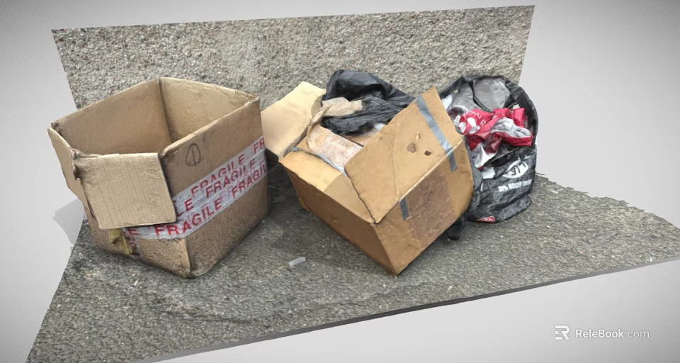 Discarded Cardboard Boxes With Fragile Labels And Rubbish Bags On Outdoor Ground 3d model 