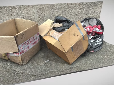 Discarded Cardboard Boxes With Fragile Labels And Rubbish Bags On Outdoor Ground 3d model