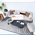 Modern Beige Sofa and Coffee Table Set with Textured Pillows Patterned Rug Accent Chair and Floor Plant