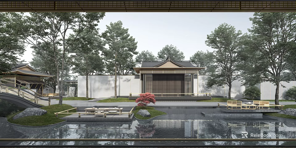 Traditional Chinese Sales Office Building With Courtyard Pond And Green Trees 3d model 