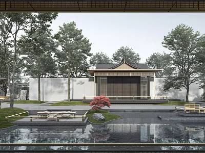 Traditional Chinese Sales Office Building With Courtyard Pond And Green Trees 3d model