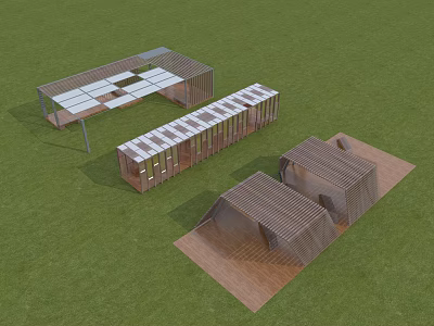 Various Modern Wooden Pergola Structures With Sloped Roofs On Green Lawn 3d model
