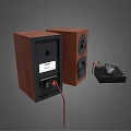 High Quality Wooden Bookshelf Audio Speakers With Black Amplifier And Red Cable