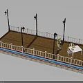 Wooden Platform Design With White Railings Street Lamps Statue And Table Chairs