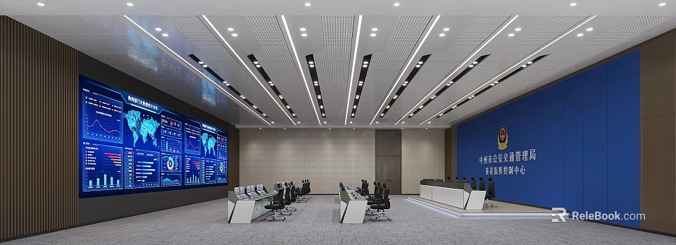 Modern Control Room With Large Screens Displaying Data Charts White Consoles And Black Office Chairs 3d model 