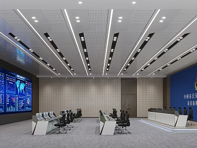 Modern Control Room With Large Screens Displaying Data Charts White Consoles And Black Office Chairs 3d model