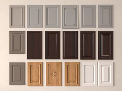 Various Colored Cabinet Doors With Wooden Brown Gray And White Panel Designs 3d model