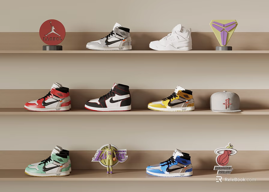 Stylish High Top Shoes With Colorful Designs And Jordan Kobe Logos On Display Shelves 3d model 