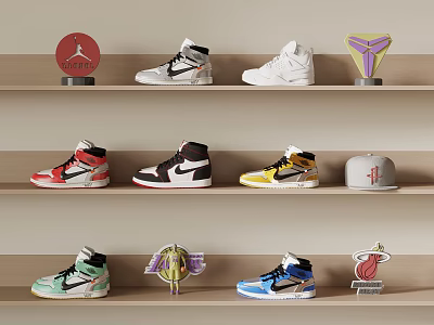 Stylish High Top Shoes With Colorful Designs And Jordan Kobe Logos On Display Shelves 3d model