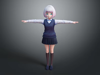 Anime Girl With White Short Hair Blue Eyes Dark Blue Vest Pleated Skirt Arms Outstretched 3d model