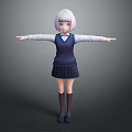 Anime Girl With White Short Hair Blue Eyes Dark Blue Vest Pleated Skirt Arms Outstretched