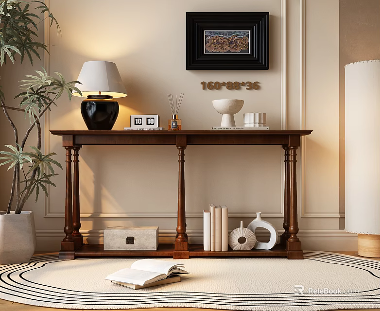 Elegant Entryway Console Table Setup With Potted Plant Lamp Decorative Items Books And Rug 3d model 