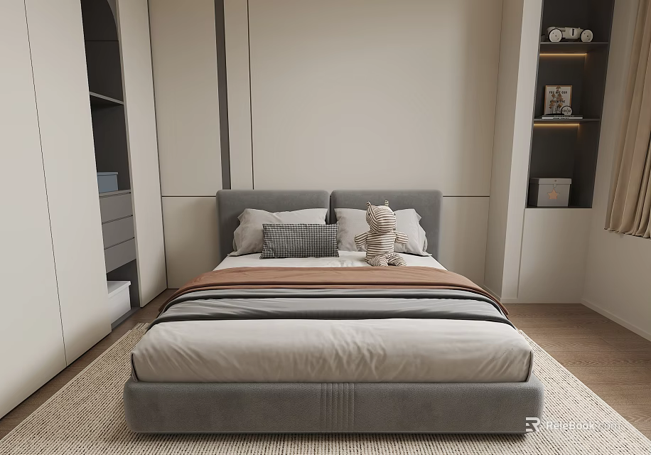 Modern Kids Bed With Gray Upholstered Headboard Stripe Bedding And Plush Toy 3d model 