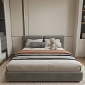 Modern Kids Bed With Gray Upholstered Headboard Stripe Bedding And Plush Toy