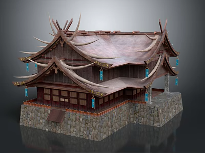 Ancient Traditional Architecture With Overhanging Eaves Wooden Structure And Stone Base 3d model
