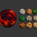 Colorful Decorative Ornament Set With Red Green Orange Spheres And Marble Texture On Dark Background