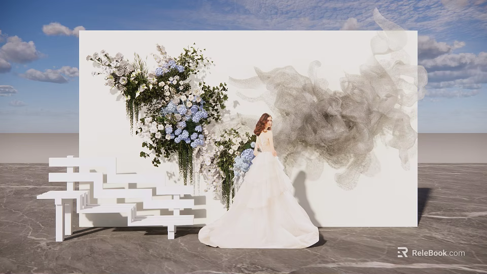 Wedding Photo Check in Spot With White Backdrop Floral Decor Gray Gauze And Step Seats 3d model 