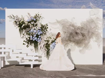 Wedding Photo Check in Spot With White Backdrop Floral Decor Gray Gauze And Step Seats 3d model