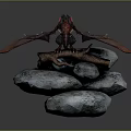 Detailed Game Movie Dragon Character With Red Pink Wings On Stacked Rocks And Wooden Log