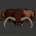 Mythical Red Skinned Monster With Large Horns Muscular Build Fur Armor Bracers And Crescent Pendant