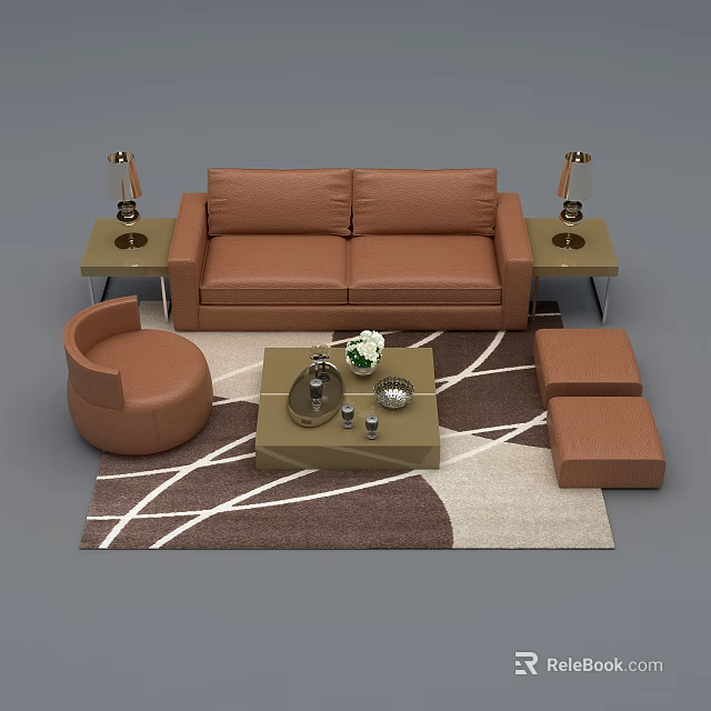 Brown Sofa And Coffee Table Set With Side Tables Lamps Armchair Ottomans And Geometric Rug 3d model 