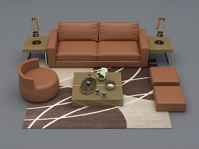 Brown Sofa And Coffee Table Set With Side Tables Lamps Armchair Ottomans And Geometric Rug 3d model