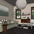 Light Green Sofa Living Room With Lantern Shaped Pendant Light Light Colored Armchair Wooden Window Frames And Painting