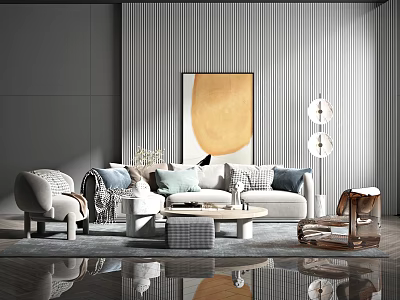 Modern Sofa Coffee Table Set with Decorative Pillows Grey Rug Floor Lamp and Wall Art 3d model