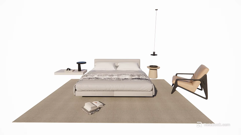 Modern Double Bed Setup With Bedside Table Accent Chair Area Rug And Pendant Light 3d model
