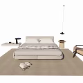 Modern Double Bed Setup With Bedside Table Accent Chair Area Rug And Pendant Light 3d model