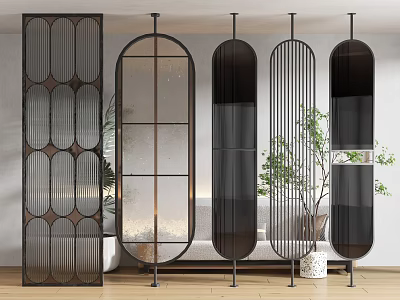 Modern Room Dividers With Geometric Patterns Metal Frames Glass Panels And Plants 3d model