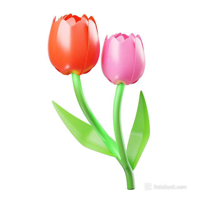 Vibrant Red and Pink Tulips with Green Stems and Fresh Leaves 3d model 