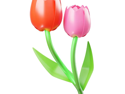 Vibrant Red and Pink Tulips with Green Stems and Fresh Leaves 3d model