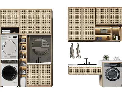 Modern Bathroom Cabinet Rack With Wicker Doors Washing Machine Sink And Towel Hooks 3d model