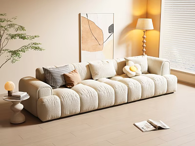 Plush Beige Three Seater Sofa With Decorative Pillows Side Table And Lamp 3d model