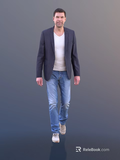 A Man Walking In Dark Blazer White T shirt And Blue Jeans 3d model 