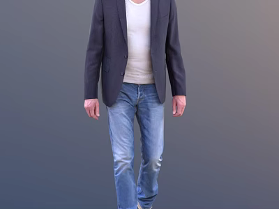 A Man Walking In Dark Blazer White T shirt And Blue Jeans 3d model