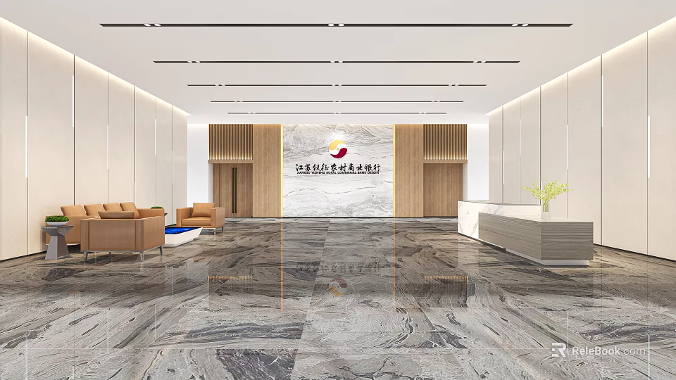 Modern Government Service Hall Interior With Marble Floor Reception Desk Sofa And Green Plant 3d model 